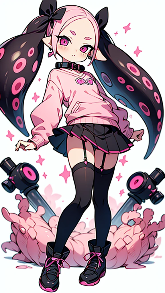 Insanely detailed super accurate anime illustration,pink sweater with vertical lines,
black pleated skirt,
earrings,garter belt,
black knee socks,twintails, pink skirt, collar, bow, black thighhighs, black footwear,
splatoon's octoling,octopus girl,forehead,