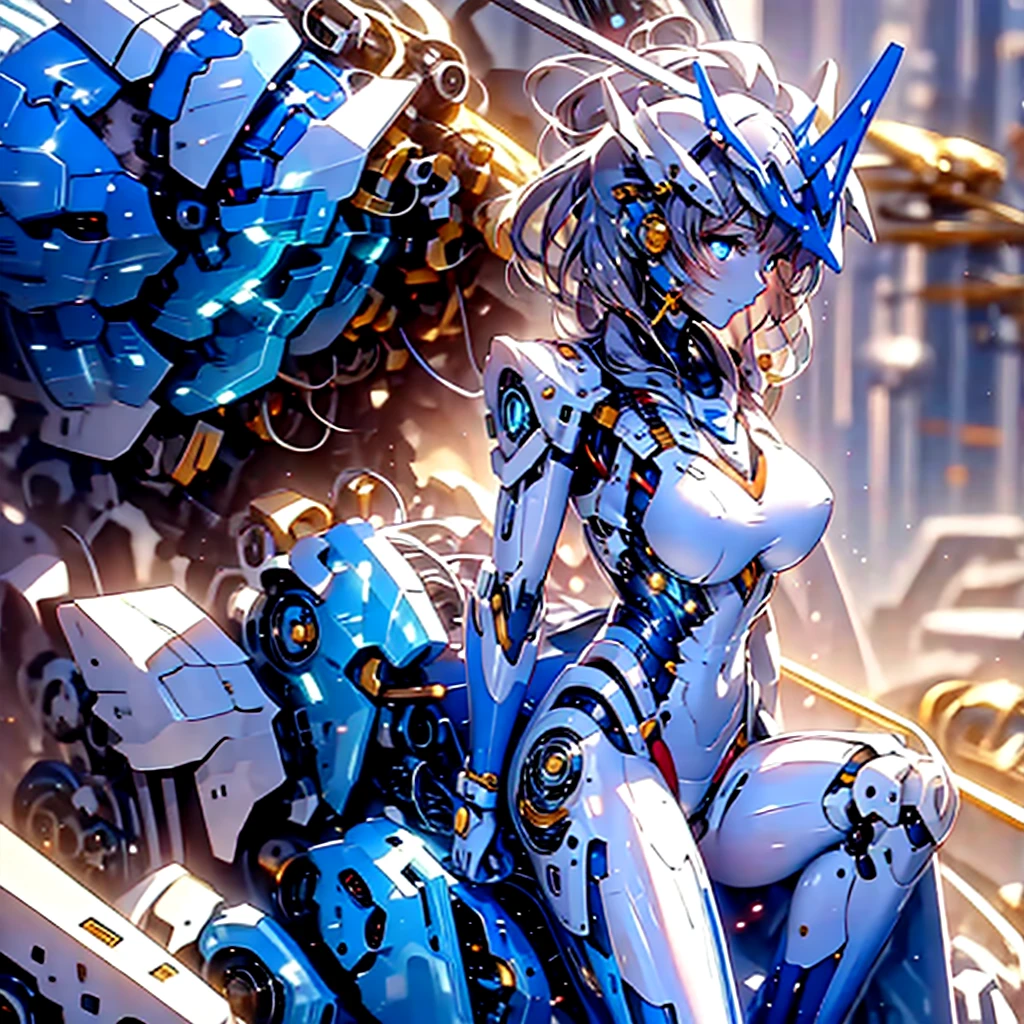 masterpiece, high quality, Inside the Institute of Mechanization、On the operating table during remodeling surgery、Minami Kotori, who has been turned into a mechanical body cyborg、Gynoid cyborg body modification surgery、Blue and white leotard armor、Single image、from the front,Put the whole body