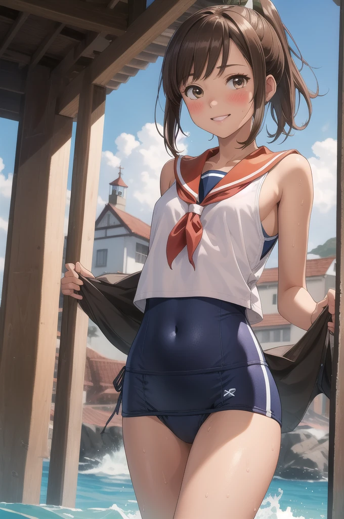 ((masterpiece)),(Highest quality),Official Art,Highly detailed CG,unity 8k wallpaper,Super detailed,Lighthouse on top of a cliff by the sea,One girl,一人in,Cowboy Shot,brown_hair,Dark Skin,Sunburn,School_Swimwear,brown_eye,smile,one piece_Swimwear,Swimwear_Down_Clothes,Sailor_collar,short_hair,Looking_in_Audience,blush,School_uniform,short_ponytail,