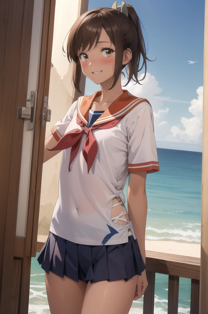 ((masterpiece)),(Highest quality),Official Art,Highly detailed CG,unity 8k wallpaper,Super detailed,Lighthouse on top of a cliff by the sea,One girl,一人in,Cowboy Shot,brown_hair,Dark Skin,Sunburn,School_Swimwear,brown_eye,smile,one piece_Swimwear,Swimwear_Down_Clothes,Sailor_collar,short_hair,Looking_in_Audience,blush,School_uniform,short_ponytail,