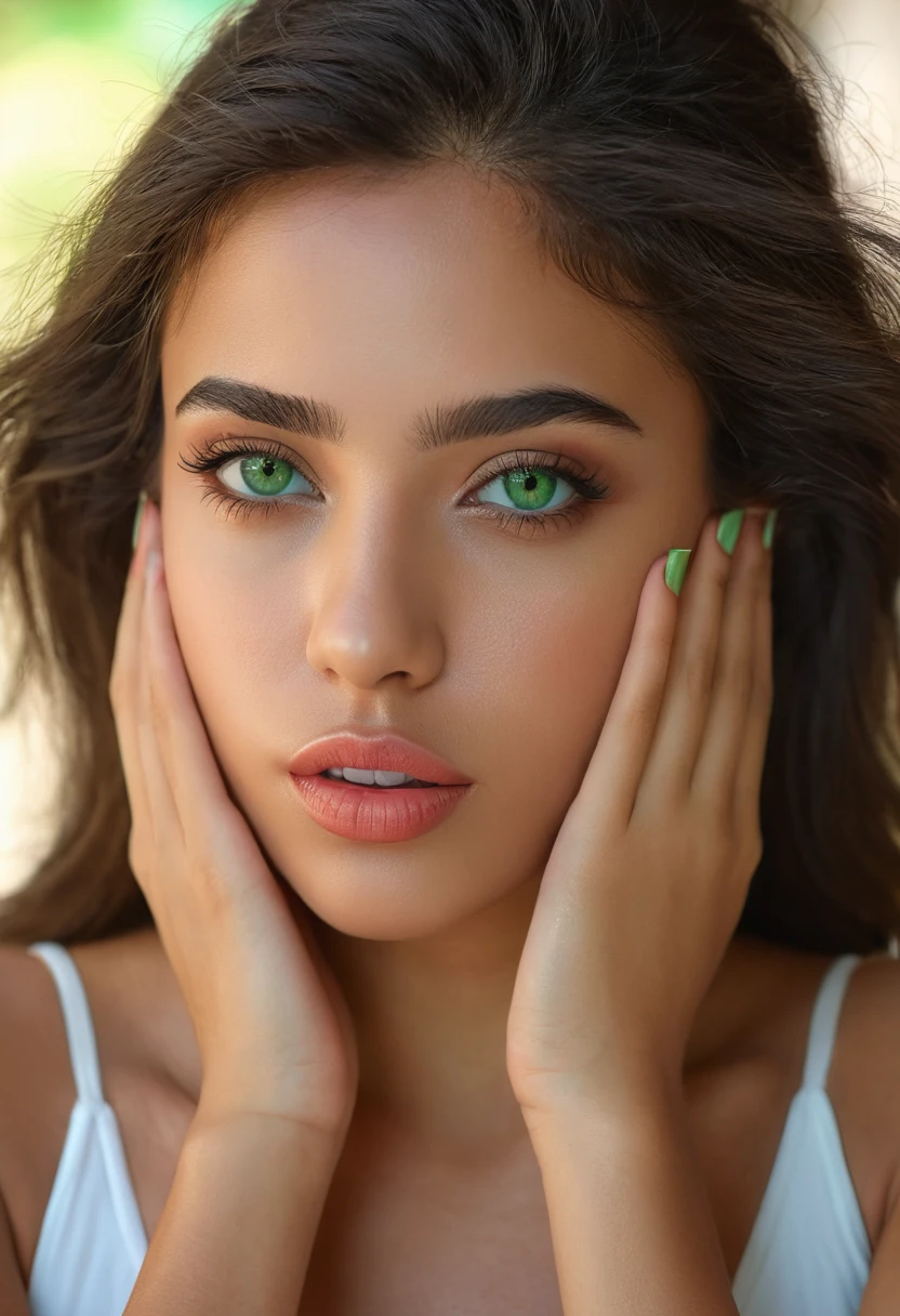 une belle fille des latina mixtes, extremely detailed full body, detailed green eyes, beautiful detailed lips, extremely detailed hands and face, fille en forme, (habits et lieu) couleurs vives, Natural lighting, (best quality,4K,8K,high resolution,head of'artwork:1.2),ultra-detailed,(realistic,photorealistic,photo-realistic:1.37),portrait,scenery
