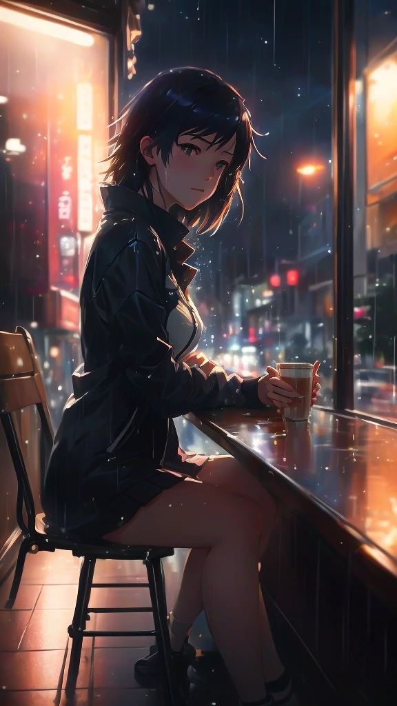 anime girl sitting at a table in the rain, reflections. by makoto shinkai, gloomy. by makoto shinkai, lofi girl, artwork in the style of guweiz, lofi portrait, digital art ilya kuvshinov, anime art wallpaper 4k, anime art wallpaper 4 k, ( ( makoto shinkai ) )