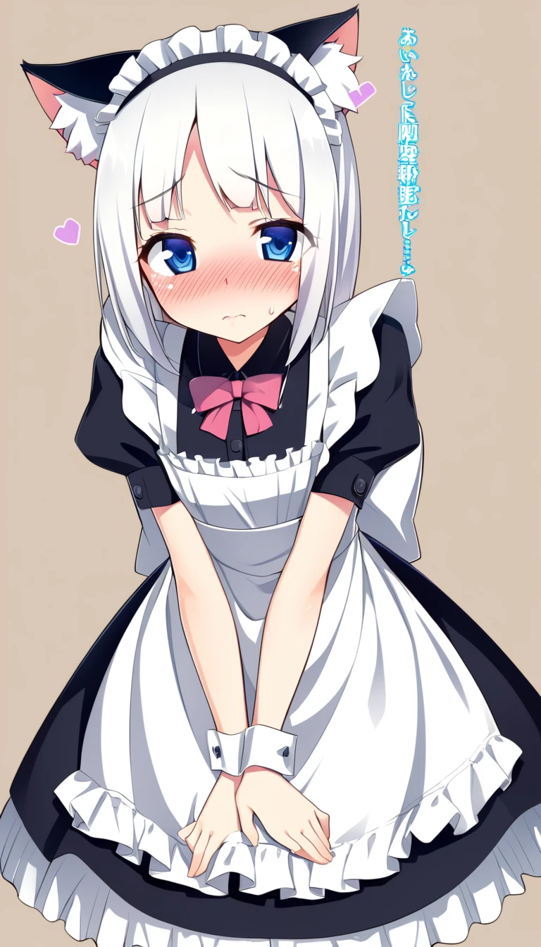 one girl, cat ears, white hair, naive, aphrodisiac, maid, light blue eyes, blush, erotic hypnosis, standing, face focus, shy, bow, heart eyes, , girl love me