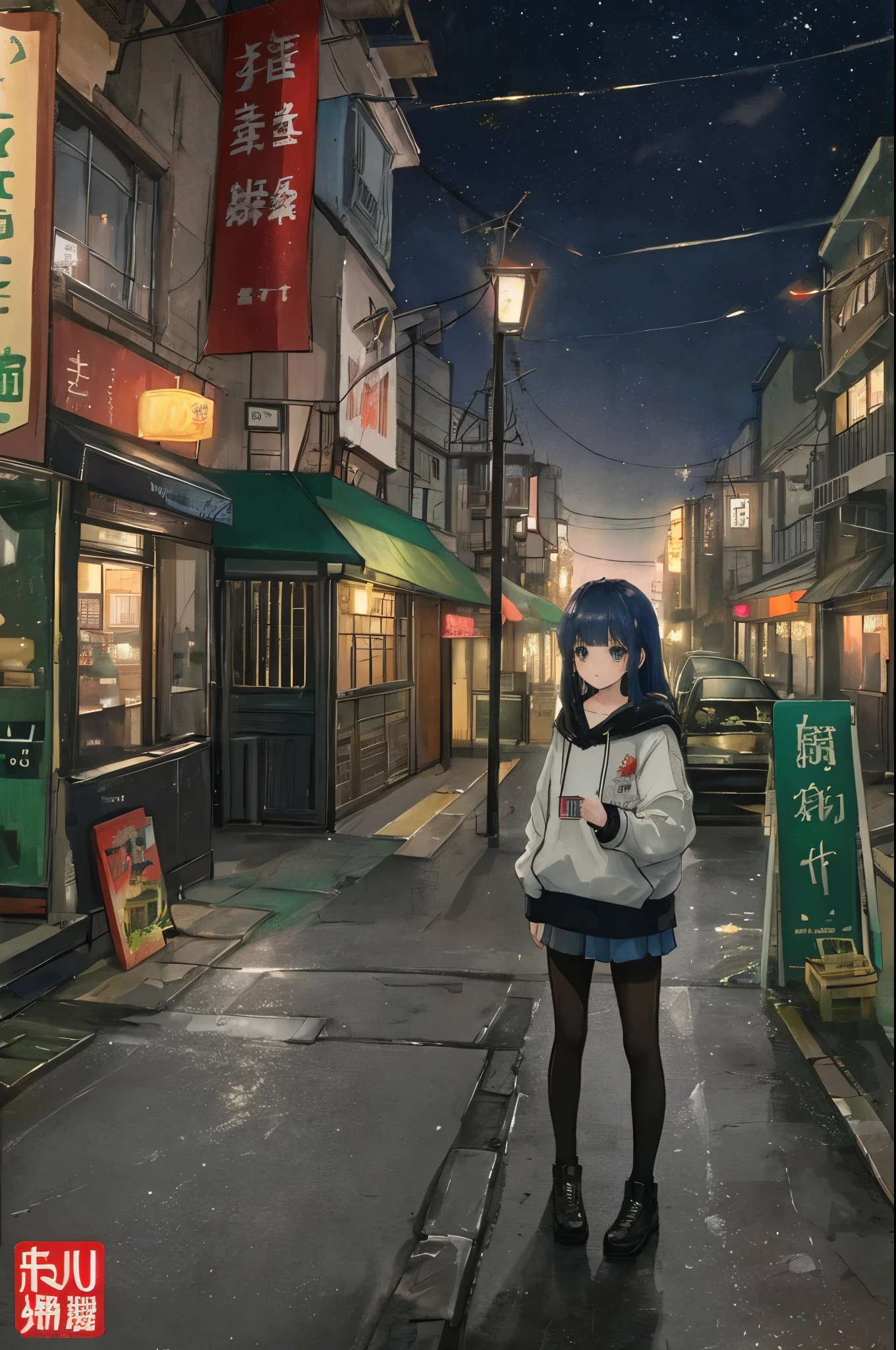 (masterpiece、Highest quality、Highest quality、Official Art、Beautiful and aesthetic:1.2)、Near future、Blade Runner、Slum Street、Late at night、Lo-fi Hip Hop、Cafe with small lights、Residential Street、silence、It's raining a little、