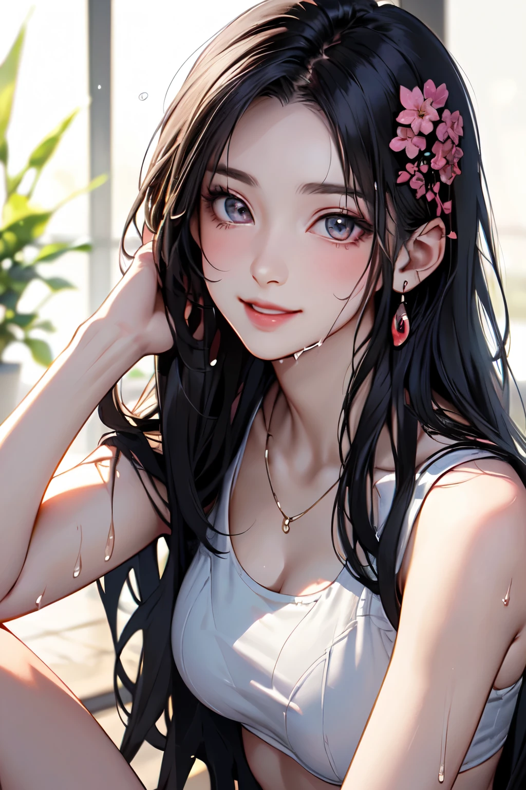 masterpiece、anime art、highest quality, masterpiece, (Realistic:1.2), 1 girl, (high resolution、whole body、17-year-old beautiful girl、165㎝、Long black hair、Shining black eyes、Round black eyes、Thick eyebrows、Neat and beautiful、cute、Pink wet bikini、、No makeup、Bright smile、A bright, bursting smile, looks fun、Sit with your legs apart、[(Transparent Background:1.5)::5], (((masterpiece))), (((highest quality))),(((Very detailed))), One girl, Mystical eyes, Super detailed, Very detailedな顔, beautiful, The finer details, Super detailed, highest quality, 8K, Talked about at the art station, Excellent anatomy, beautiful lighting,、Farbe々tracing、Wet Hair、Your body is wet、sweating、詳細なanime artワーク, Beautiful and attractive anime women 、 flower,(highest quality,masterpiece:1.2),High resolution,alone, Natural light,Beautifully detailed skies,
