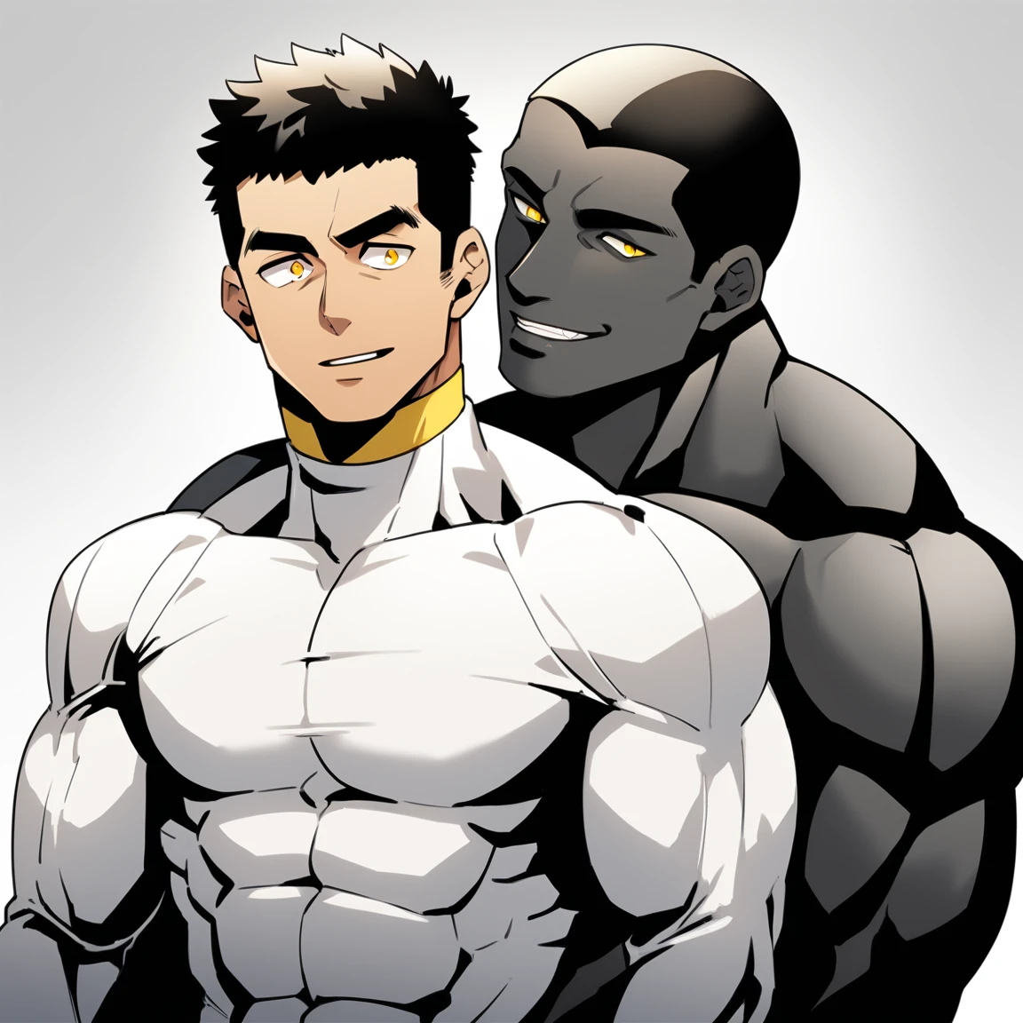 anime characters:Two superheroes in tights, Muscle superhero, negro black skin, They hugged and kissed each other, Bite your neck, Caress, Manliness, male focus, Yellow and black high collar long sleeve tight T-shirt, Slightly transparent material, Very tight, Round, full and perky chest muscles, Muscle waist, Slightly transparent, muscular male, muscular, only, Upper body, alone, Black short hair, Thick eyebrows, stubble, Yellow eyes, Grey background, simple background, amazing quality, best aesthetics, Ridiculous, bright pupils, crew cut, parted lips, seductive smile, torogao, naughty face, best quality