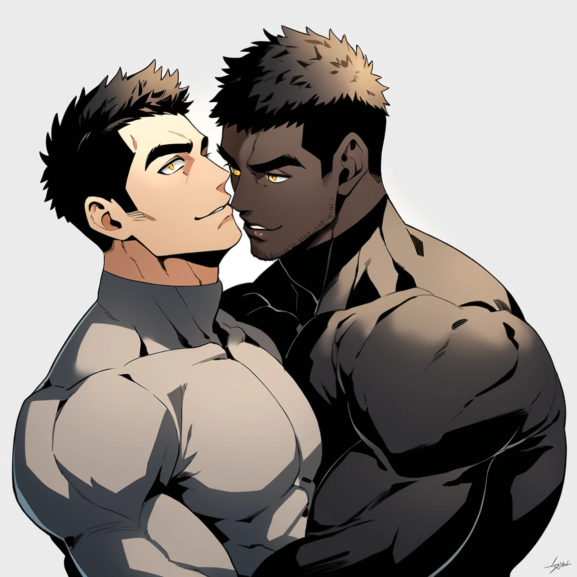 anime characters:Two superheroes in tights, Muscle superhero, negro black skin, They hugged and kissed each other, Bite your neck, Caress, Manliness, male focus, Yellow and black high collar long sleeve tight T-shirt, Slightly transparent material, Very tight, Round, full and perky chest muscles, Muscle waist, Slightly transparent, muscular male, muscular, only, Upper body, alone, Black short hair, Thick eyebrows, stubble, Yellow eyes, Grey background, simple background, amazing quality, best aesthetics, Ridiculous, bright pupils, crew cut, parted lips, seductive smile, torogao, naughty face, best quality