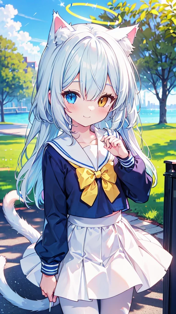 White hair,Cat ear,Long hair,Heterochromia(Left blue right yellow),Smile,There are bright spots in the eyes,flat chest,Sailor Suit,White skirt,White pantyhose,in the park,Alone,Blue tie,Cat tail,Blue Halo