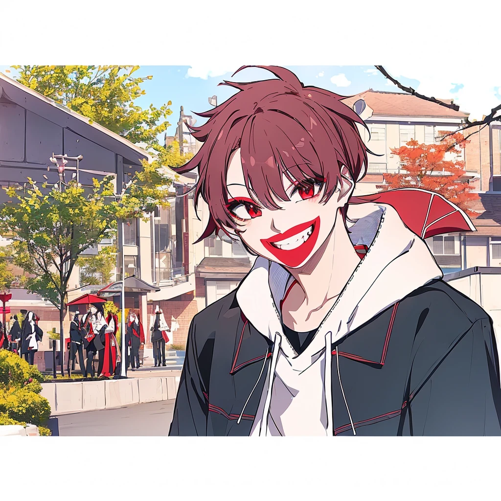 anime character with red lips and a black jacket on, [[[[grinning evily]]]], grinning lasciviously, smileing nright, happy with his mouth open, ;open mouth, dramatic smile pose, biting lip, wide grin, (grin), inspired by Bian Shoumin, 8k!, red mouth