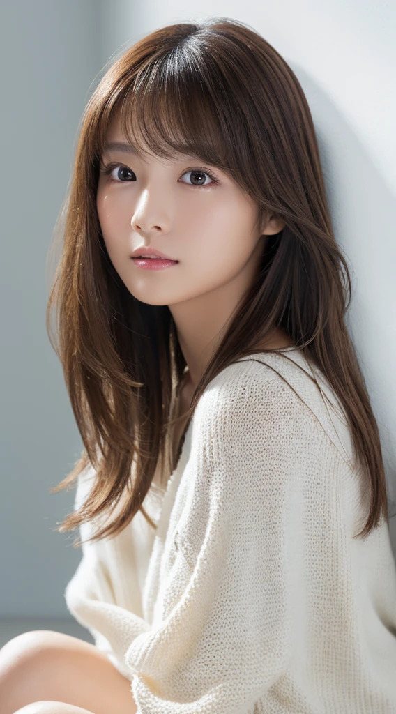 （(masterpiece:1.4、Highest quality))、(Like the picture:1.4)、Professional Lighting、Physically Based Rendering,Medium Hair,Wavy Hair、Highly detailed face、Detailed skin、(Beautiful Japanese Girl:1.05)、Thin bangs、knit、White Room、White wall