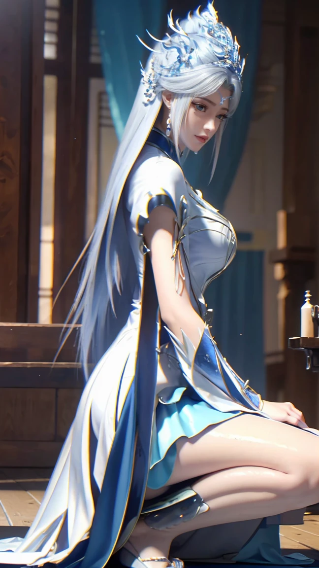 Arad woman in a dress sitting on a throne, Cute anime girl in a beautiful skirt, Popular on cgstation, 8k high quality detailed art, Barbie in white, Very detailed and beautiful fan art, Extremely detailed Artgerm, Anime girl squatting, Flowing Magic Robe, Beautiful and charming anime woman, wlop 和 sakimichan，wet all over，Water Magic，wet，（Silver long hair），（blue eyes），Wrapped in gauze
