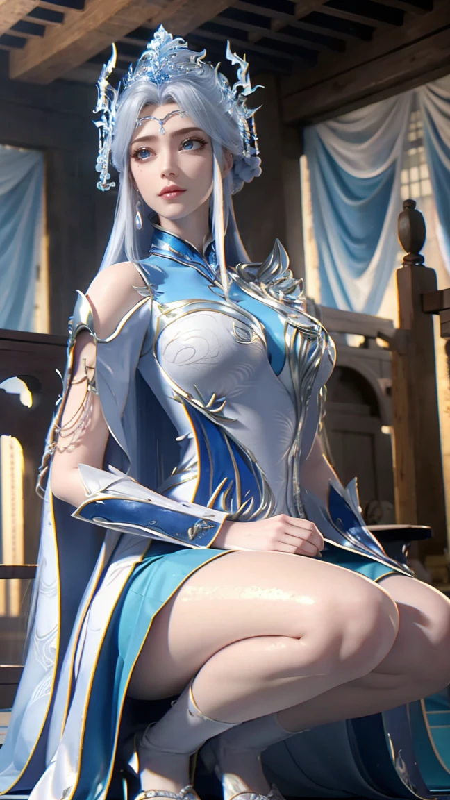 Arad woman in a dress sitting on a throne, Cute anime girl in a beautiful skirt, Popular on cgstation, 8k high quality detailed art, Barbie in white, Very detailed and beautiful fan art, Extremely detailed Artgerm, Anime girl squatting, Flowing Magic Robe, Beautiful and charming anime woman, wlop 和 sakimichan,wet all over,Water Magic,wet,(Silver long hair),(blue eyes),Wrapped in gauze