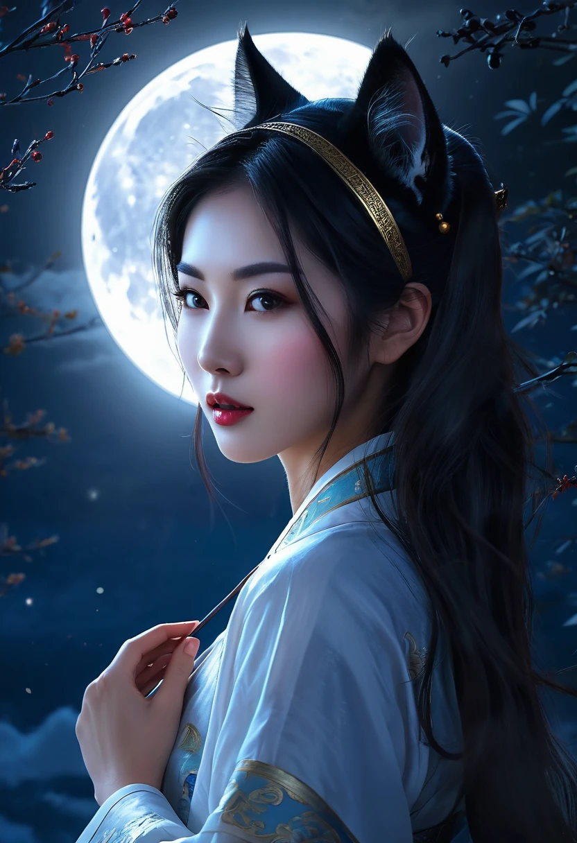 Apparition ，Girl, Cat ear, Beautiful oriental woman, Moonlit Night Background , Realistic Women, lovely
