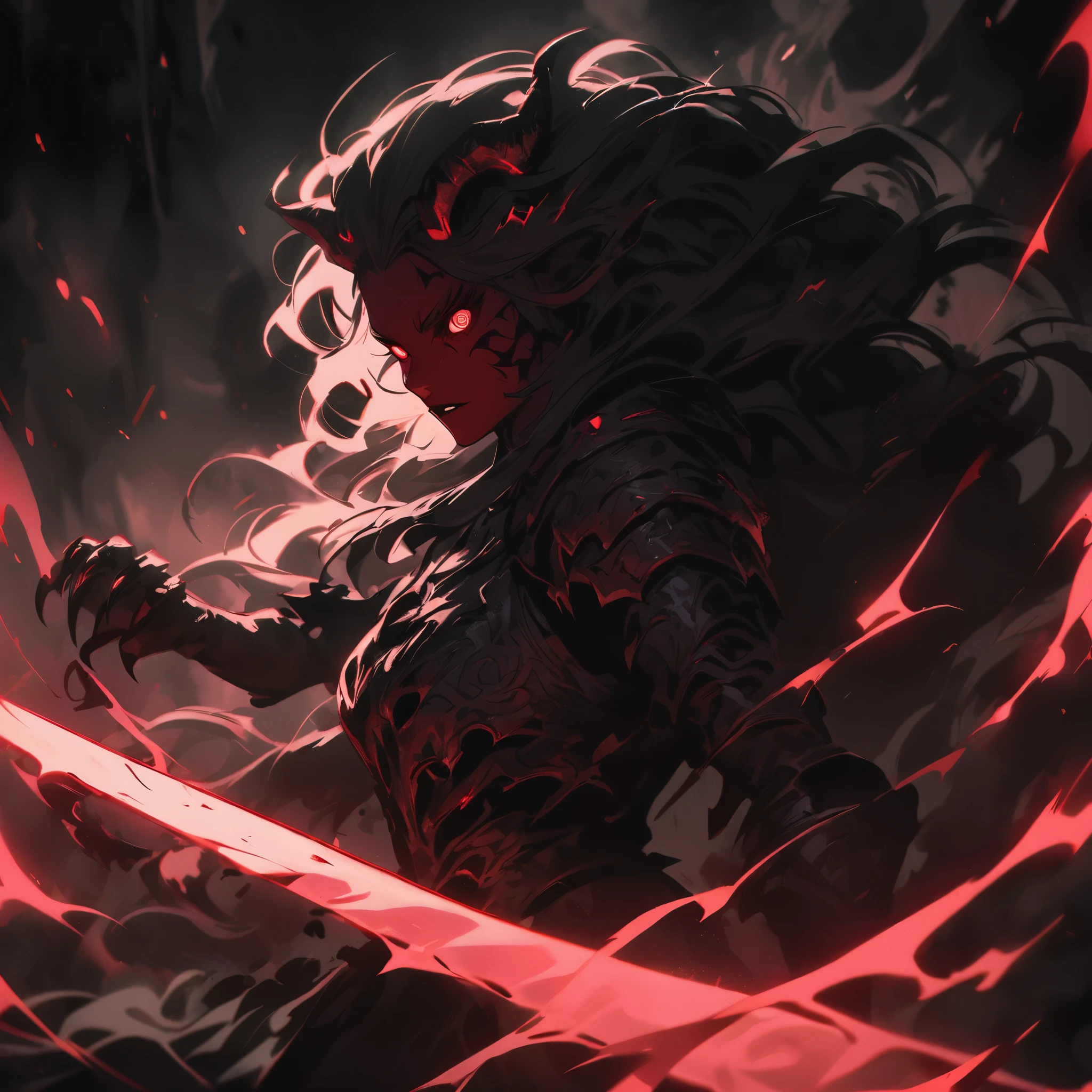 wolfwoman, hell, red, villain action, 1girl, detailed face, detailed eyes, detailed lips, detailed eyebrows, long hair, horns, claws, glowing red eyes, demonic expression, red skin, body armor, wielding sword, dramatic lighting, dark fantasy, cinematic, moody, high contrast, muted colors, dramatic pose, action