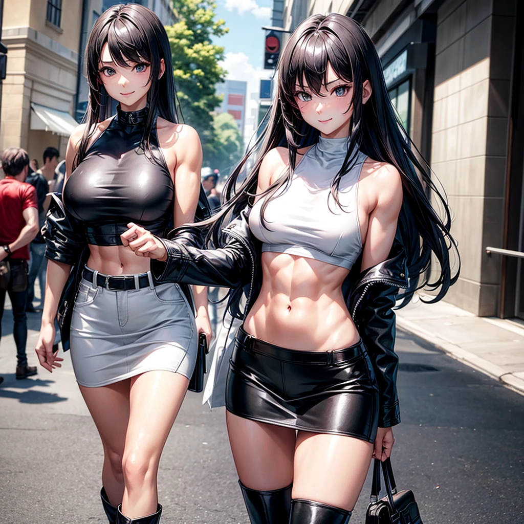 beautiful girl、Big Breasts、Black Hair、long hair、Muscular、Abdominal muscles、Toned Legs、leather jacket、White Crop Top、skirt、Knee Boots、Are standing、The whole body is visible、Around town、A gentle smile、One girl