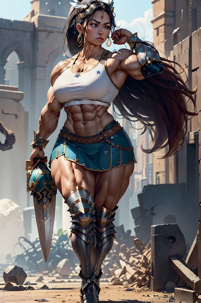 (Best lighting) , (Very intricate details) , 4K Integration, (Super fine CG: 1.2) , (8K: 1.2),(original), (masterpiece) , (Highest quality),(masterpiece:1.4),((Full images))、Photo quality,(masterpiece),masterpiece, Highest quality, Absurd,((Masterpiece, 4K, 8K, High resolution)),(masterpiece), (Highest quality), (Super detailed), (Very delicate and beautiful), ((Full body image 1:1.5)), 1 female, The face of a 40-year-old Western woman、A beautiful, well-balanced face、 ((A woman with a muscular body like a male bodybuilder)),((Huge muscular physique))、((A 200cm tall woman))、((Beautiful woman)),((Woman warrior)),45 year old mature woman,Brave and resolute attitude, Wearing Valkyrie Metal Armor、 (Sleeveless Armor)、((Metal armor that resembles a thick chest and abdominal muscles))、((Metal armor covering the upper body))、Valkyrie's Helmet、Very strong legs、((Long boots with pin heels))、((kneehigh 、Medieval streetscape,Strength and elegance,Solemn atmosphere,((The Queen's Appearance))、((The Strongest Queen of Mankind))、(Huge muscular physique),((Protruding veins))、((A woman with a toned chest like a male bodybuilder))、Raised trapezius muscle、very thick neck、((Strong arms with bulging biceps))、A muscular chest、Six-pack、((Thick thighs with bulging muscles))、((Bicep-like calf muscles))、Overflowing with incredible strength、Muscles bulging out from under the force of force all over the body、Black Hair、ponytail、A commanding presence,Poses that show off their monstrous power,Model standing、Standing with dignity、Vibrant colors,Down to the smallest thread,Impressive level textures,Sharp focus,Rich and realistic backgrounds,Magnificence and grandeur,((A strong Valkyrie captain)),((A powerful Valkyrie captain)), Inspiring and majestic,Guardian of the kingdom,Unstoppable courage,Divine Destiny,Indomitable spirit,Unforgettable beauty,Unwavering Strength
