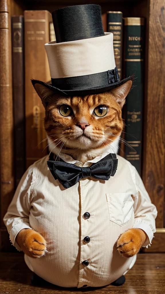 a cute fat orange cat wearing a top hat and monocle, score_9, score_8_up, score_7_up, score_6_up, score_5_up, score_4_up,UHD, 
adorable cat-like creature big eyes, Victorian, smart, library, monocle, pocket watch