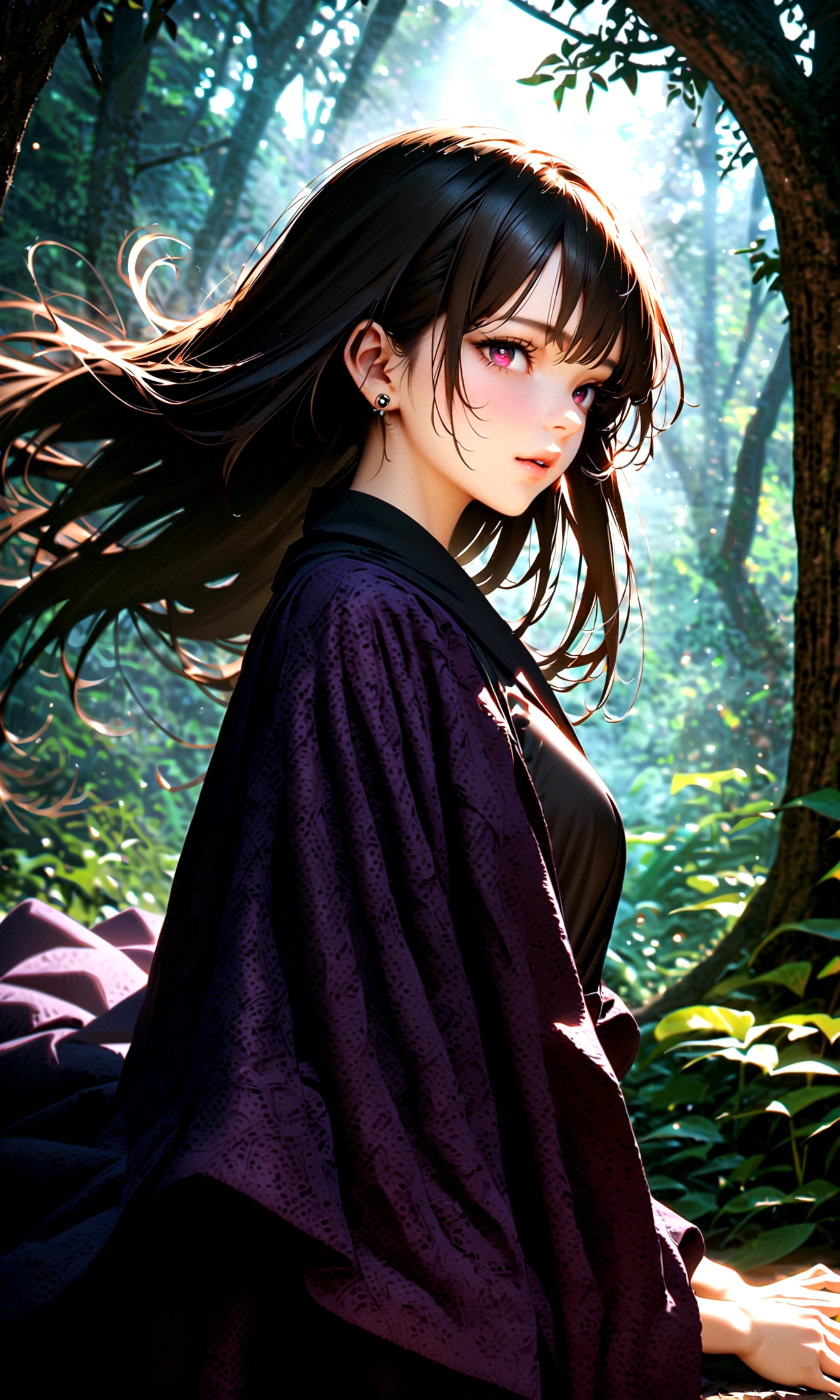 female (mage, age of 29, long hair, black hair, floating hair, dark colored eyes, black and purple robes, pale skin, mysterious face, piercing eyes) is invoking shadows), (shadows swirling around), beautiful dark forest scene, twisted trees and eerie atmosphere, summery twilight glow, (mist and dark particles floating in the air, creating a haunting effect), the noonday moon and stars visible, female is in a shadowy forest, BREAK, quality ( 8k, wallpaper of extremely detailed CG unit, masterpiece, high resolution, top-quality, top-quality real texture skin, hyper-realistic, increase the resolution, RAW photos, best quality, highly detailed, the wallpaper, cinematic lighting, ray trace, golden ratio), BREAK, Shot( Long shot, wide shot), BREAK, background(blurry)