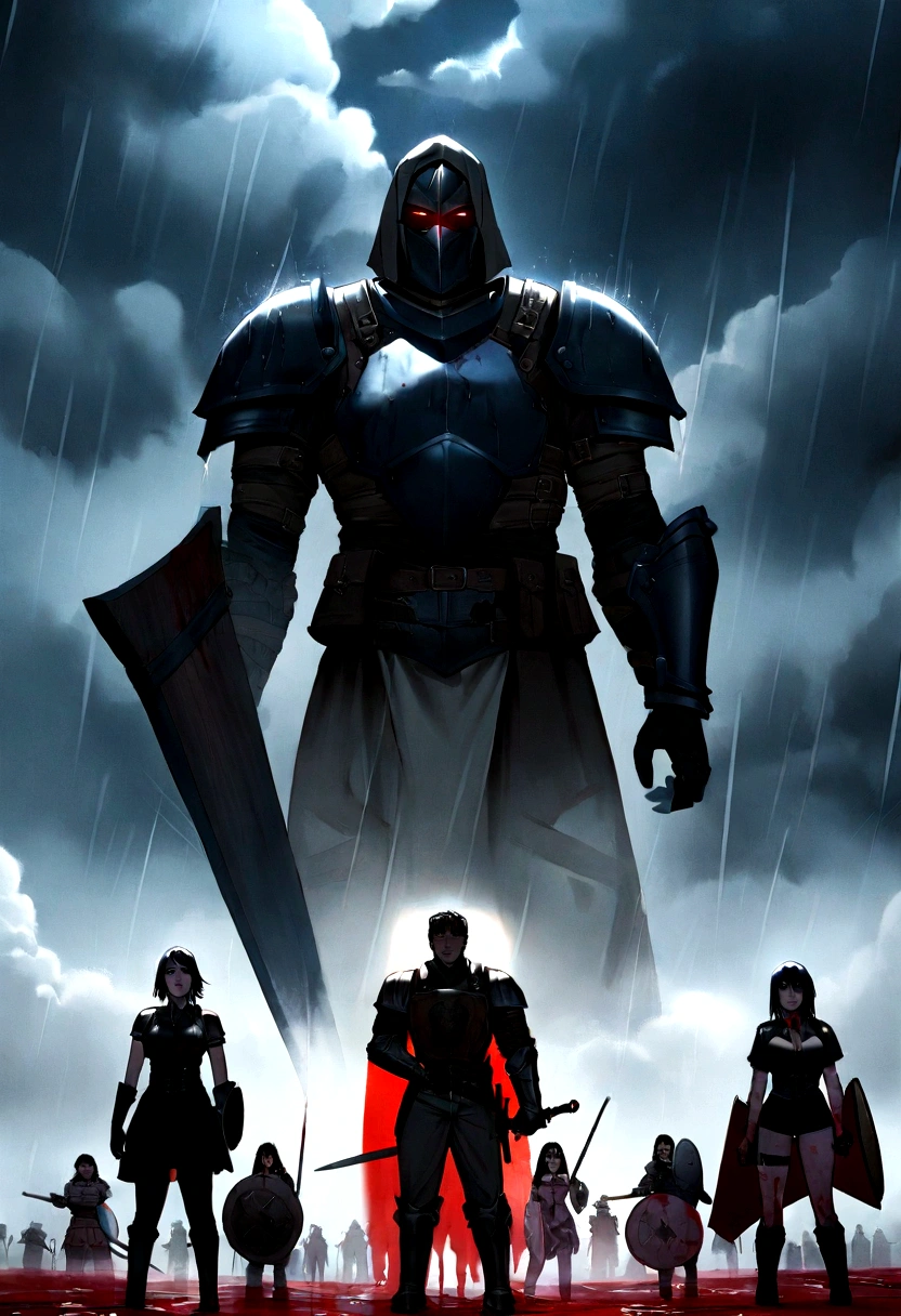 1man, 4woman, Sword, armor, shield, they standing above 100 corpses, blood, blood puddle, heavy rain, thuder stright, cloudy sky,