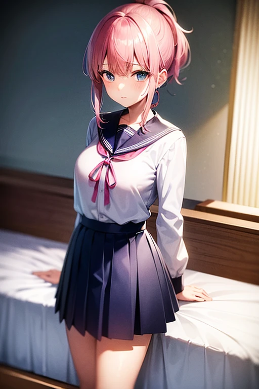 A beautiful 17-year-old girl with a slender figure、Pink hair in a ponytail、blue eyes、White blouse with sailor collar、Blue ribbon、Japanese school girl uniform、Blue knee-length pleated skirt、Standing in front of the bed in the nurse&#39;s office、Background partitioned with white curtains、She rolls up her uniform skirt to show her white underwear.、Tears and an embarrassed face、Blushed cheeks、A lovely face with a hint of innocence、Beautiful girl erotic game style、Detailed Description、High resolution、Soft lighting、Realistic texture