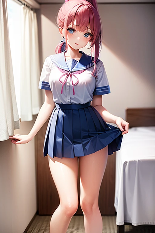 A beautiful 17-year-old girl with a slender figure、Pink hair in a ponytail、blue eyes、White blouse with sailor collar、Blue ribbon、Japanese school girl uniform、Blue knee-length pleated skirt、Standing in front of the bed in the nurse&#39;s office、Background partitioned with white curtains、She rolls up her uniform skirt to show her white underwear.、Tears and an embarrassed face、Blushed cheeks、A lovely face with a hint of innocence、Beautiful girl erotic game style、Detailed Description、High resolution、Soft lighting、Realistic texture