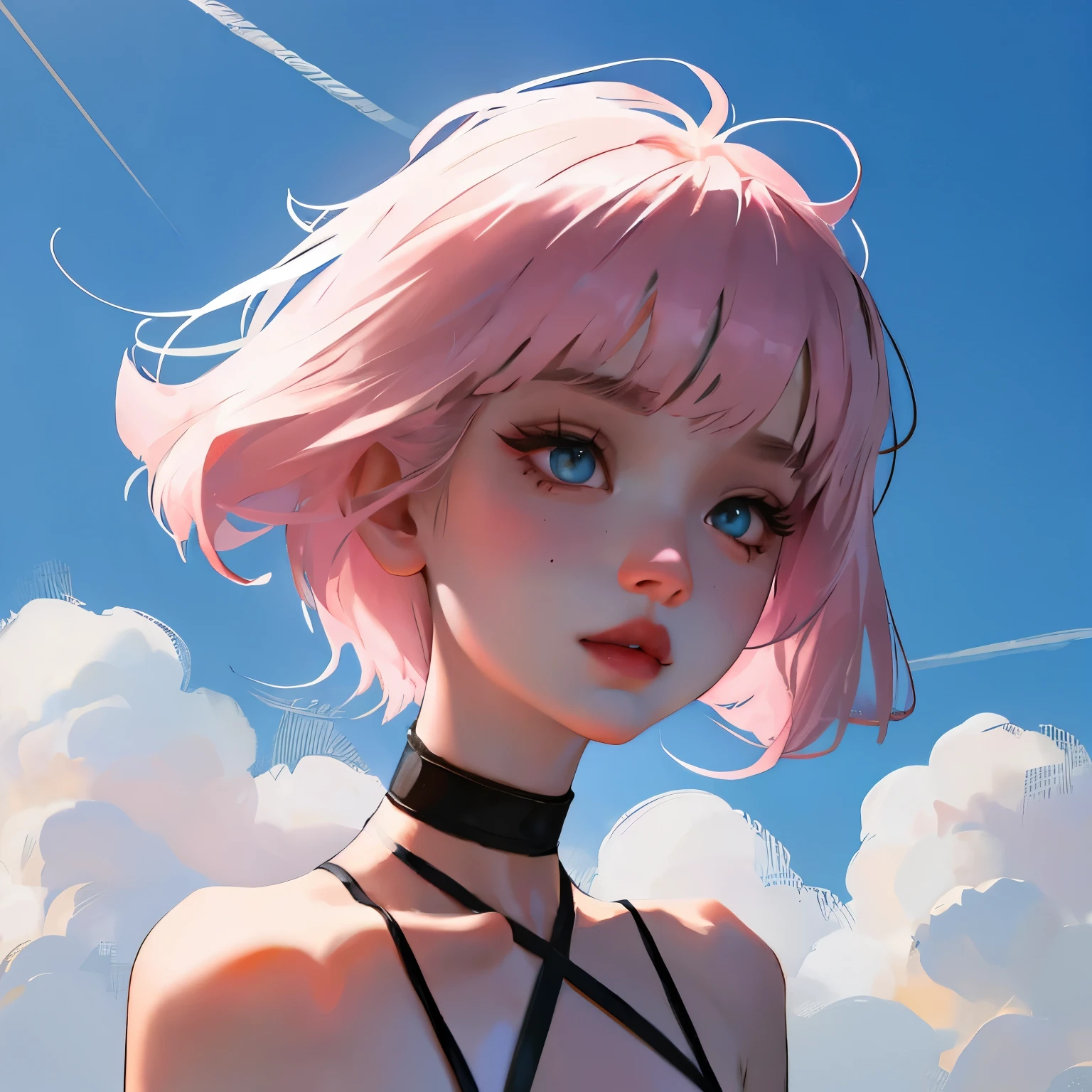 Russian women, Adult female, Style Booba Pad, Fluffy Clouds, Upper Body, Portraiture, breast focus, One girl, asymmetrical bangs, Asymmetrical Hair, bangs, Half shaved, pink ribbon in hair, Black Choker,Perfect breasts