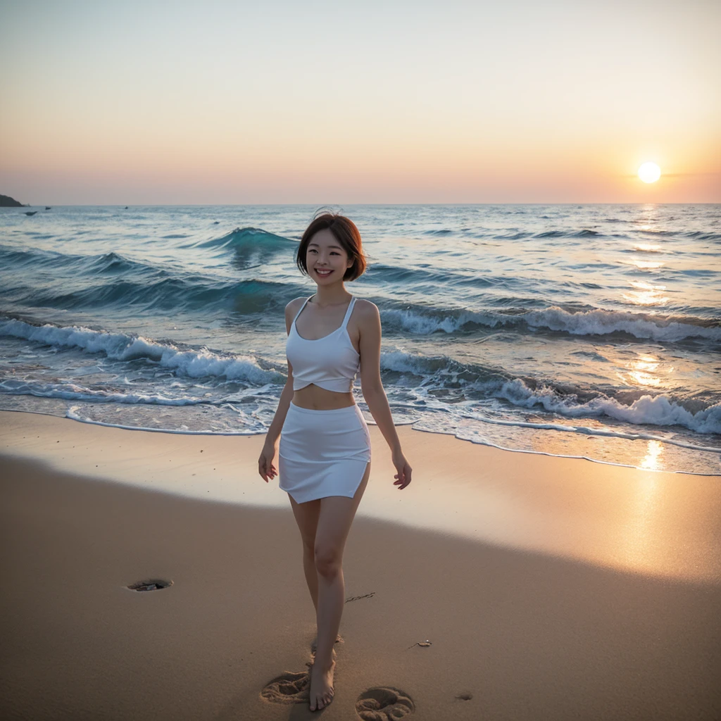 8K, sunset red sun on the beach，A strong lingering scent is reflected in the sea., Beautiful 36-year-old short Korean woman, Chest size 34 inches, Wear sleeveless, light and short white skirt. beautiful pretty woman look , wearing a light skirt , Go far into the sea water and dip your toes., Short medium hair blowing in the wind, 1 woman, beautiful eyes, a little smile, Full-body photo taken from afar with a wide-angle lens, Danang Beach in Vietnam with clean and perfect background, the waves are coming, The picture quality is very clear and clear