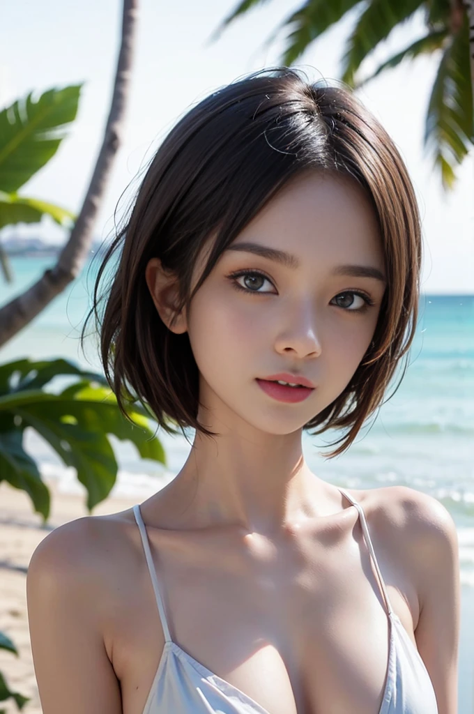 ((Highest quality)),((8K、32k)),(Genuine)、(detailed)、(Beach)、((Bust up shot))、((face closeup))、(White skin)、(Big Breasts)、The best balance between face and shoulder width、Micro Bikini、Shiny Hair、Short Bob、Glowing Skin、Japanese、beauty、Looking into the camera、Thick lips、cute、Hehehe:1.2、Shot with a film camera、RAW shooting、#24、Genuine、フォトGenuine:1.4、Photon Mapping、Physically Based Rendering、Perfect Anatomy、detailedなデコルテ、detailedな目、detailedな二重、detailedな咬筋、detailedな鎖骨、Perfect Fingers、Finger Description、(品質 8K)、((White skin))、Avoid mascara、Hair with movement、detailedな毛穴、Natural light、detailedな描写、Blushing、Fine pores、Perfect cleavage、masterpiece、Blushing、detailedな腹筋、sexy、detailedな脇の下、(slender)、(Upper Body)、detailedな目元、