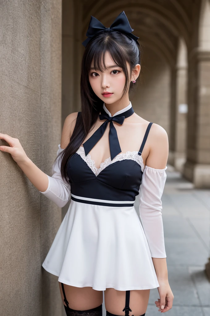masterpiece, Highest quality, High resolution, One Girl, shiranui flare, Striped Hair, Multicolored Hair, Dark Skin, Long Hair, Blonde, hair blue bow, Pointy Ears, alone, Side Lock, White gloves, Removable sleeves, Garter Straps, White knee socks, high ponytail, White Dress, Red eyes, Red bow tie, Gray Hair, Dark Elf, Long sleeve, Expose your shoulders, ponytail, Cowboy Shot,