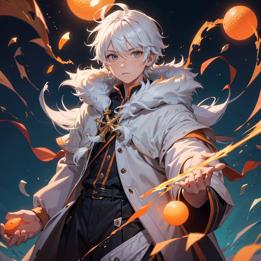 Create a boy, a 10 year old  who has fluffy white hair, an orange wizard&#39;s cloak, an orange wizard&#39;s hat, a white tie and a very cute happy face and a very cute beautiful smile.