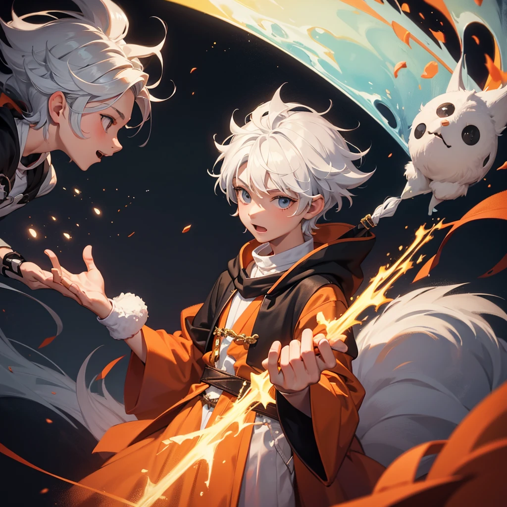 Create a boy, a 10 year old  who has fluffy white hair, an orange wizard&#39;s cloak, an orange wizard&#39;s hat, a white tie and a very cute happy face and a very cute beautiful smile.