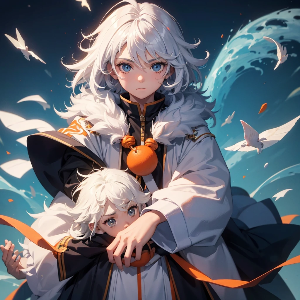 Create a boy, a   who has fluffy white hair, an orange wizard&#39;s cloak, an orange wizard&#39;s hat, a white tie and a very cute happy face and a very cute beautiful smile.