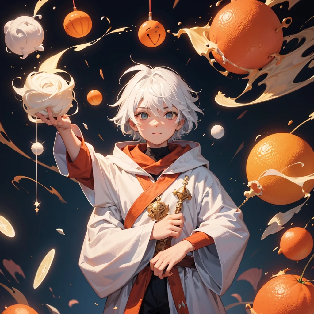 Create a boy, a 10 year old who has fluffy white hair, an orange wizard's cloak, an orange wizard's hat, a white tie and a very cute happy face and a very cute beautiful smile.