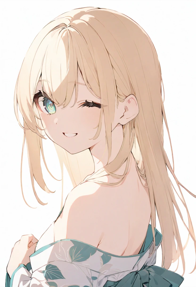 (muste piece), (best quality), very detailed eyes, expressive eyes, perfect face, very detailed face, highly detailed face, beautiful girl, 8K, beautiful girl, white background, delicate and beautiful face and eyes, dark intense shadow,
1 girl, vtuber style, cool girl, hololive, Kazama Iroha, straight hair, blond hair, kimono, small chest, clavicle, one eye close winking, smile, (whole body), standing, from back, looking back, sunrsing,