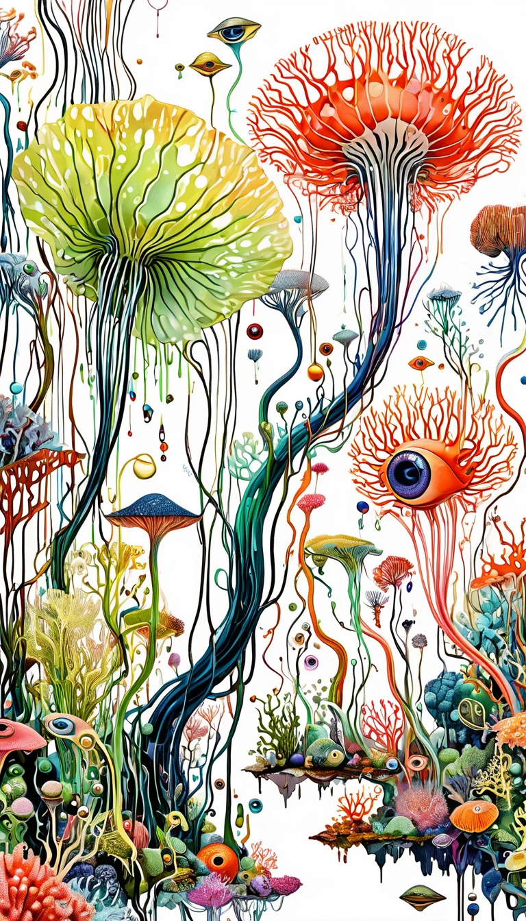 in style of stephen gamel,in style of Harry Bertoia,(in style of Nick Veasey:1.1),(in style of Alan Aldridge:0.7),
abstract style,twig,eyeballs, corals,(abstract cubism:1.3),monsters in shape,carnivorous plants,diagonal composition,(irregular composition:1.3),(curve lightline:1.4),white_background,(imagining:1.4),(melting:1.3),upside-down plants,