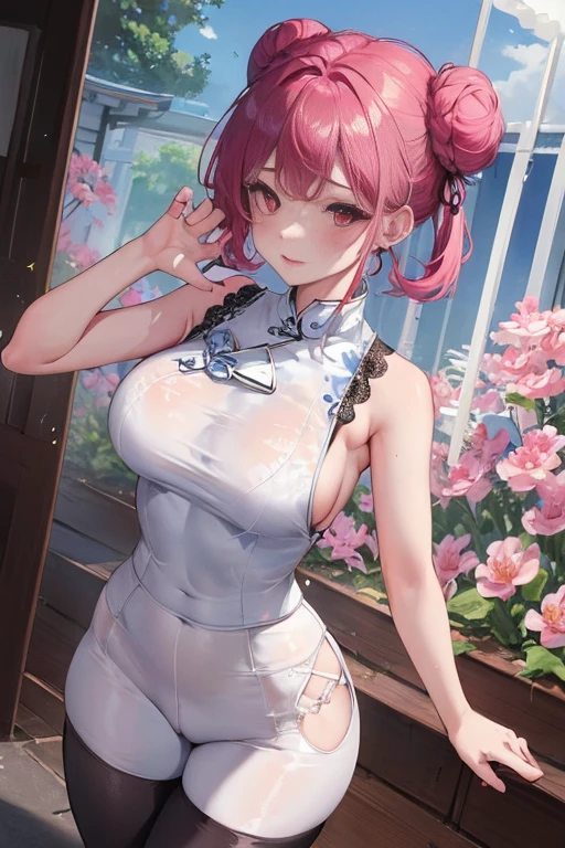 tmasterpiece、Need、1female、Blue cheongsam，Ancient style China、 White cloth bun bun bun、Shoulder leakage、The chest is large、chubbiness、ssmile、Black suspender tights、lace leggings、pale pink lip、hot springs，（drenched all over the body），legs are open， 独奏, White polo shirt, looking at viewert, (Thigh thick:1.0),Yazawa Nico,red eyes, face flushed,Blunt hair,both hands on hip，greet，Flower headdreslack suspender tights，dance，short hair，garden，(((Side breast leakage，Side chest leakage，Bare arms，Arm leakage)))，