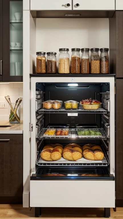 a large, modern appliance in your kitchen, with a bright touch screen that shows you all the available options. You can select between different types of foods, set cooking temperature and time by simply touching the screen. Besides, This Smart Food Organizer suggests recipes based on the ingredients you have available. It's like having a personal chef in your home!!