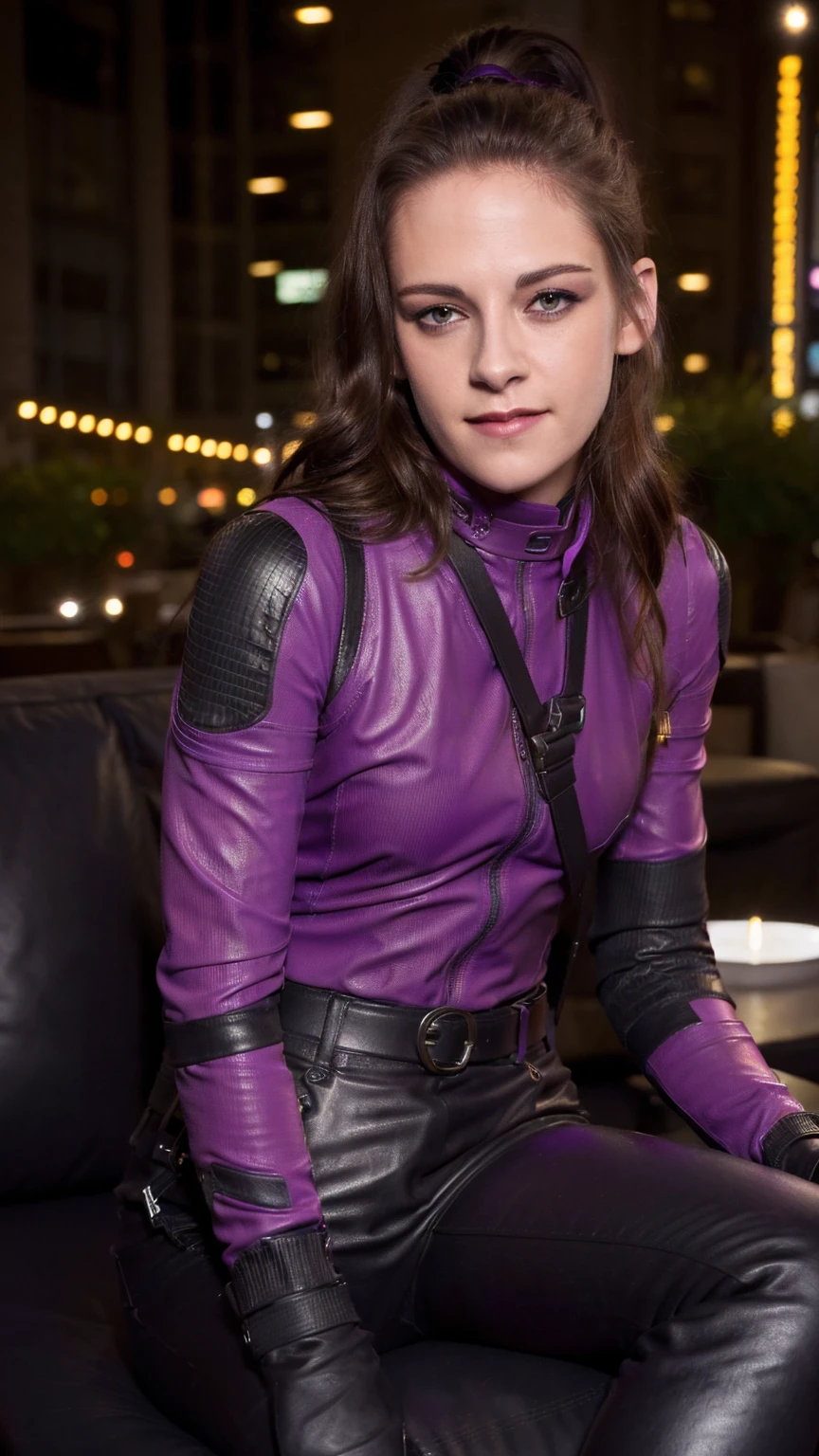 (masterpiece), (photorealistic1.4), (epiCRealLife), (lora:KateBishopFNLoRA:1.0 ribbed bodysuit costume), (KateBishopFNLoRA black leather pants), (KateBishopFNLoRA utilities belt), (leg holster) (KateBishopFNLoRA black gloves), (Kate Bishop Purple Costume),, (epiCFlashPhoto), (harness), (ponytail), (young woman), ,(flashphoto), (flash photography), (make up) ,(kst3w-v2 smile ), (Kristen Stewart), (Kristen Stewart smile), (outdoor), (New York City Warehouse),  (neon lights), (sitting on sofa),  pose for pictures,  (zoom out)