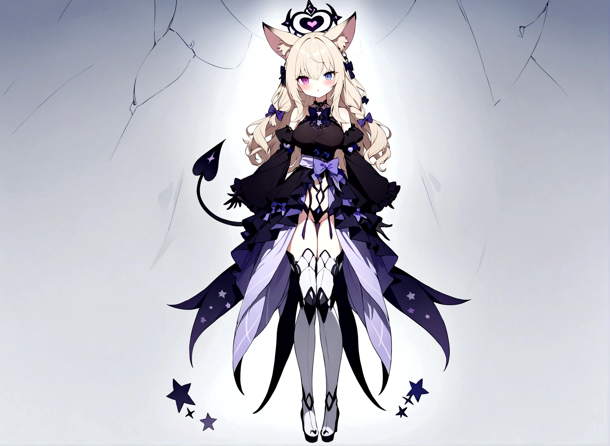 woman 170 cm tall. (character design sheet: front view). Dark blonde long hair, slim build. wavy hair with hip length curls, has a short central tuft, She has a short braid on the left side over her chest with a purple bow, She has a short braid on the right side over her chest with a purple bow. Two black and purple serval ears located on the top of the head... small face. (heterochromia: one gray eye and one purple eye), has small ribbons on the right and left side of the hair. extremely detailed face, Beautiful detailed eyes, beautiful detailed lips. adorable, extremely detailed legs, (Best Quality, 4k, 8k, high resolution), ultra detailed, Exquisite and epic character art... Black platform heels, Elegant one-piece long dress with ruffle skirt and wide sleeves. Ribbon decorations and star patterns on clothing. black gloves. gray belt at the waist with a large ribbon with a luminous pink heart in the middle. black necklace with heart emblem on the neck. It has a succubus tail with a small luminous violet star at the tip of the tail...... (wide hip). Luminous black halo with purple star patterns above his head..... (medium chest size). Mechanical legs up to the thigh in black.