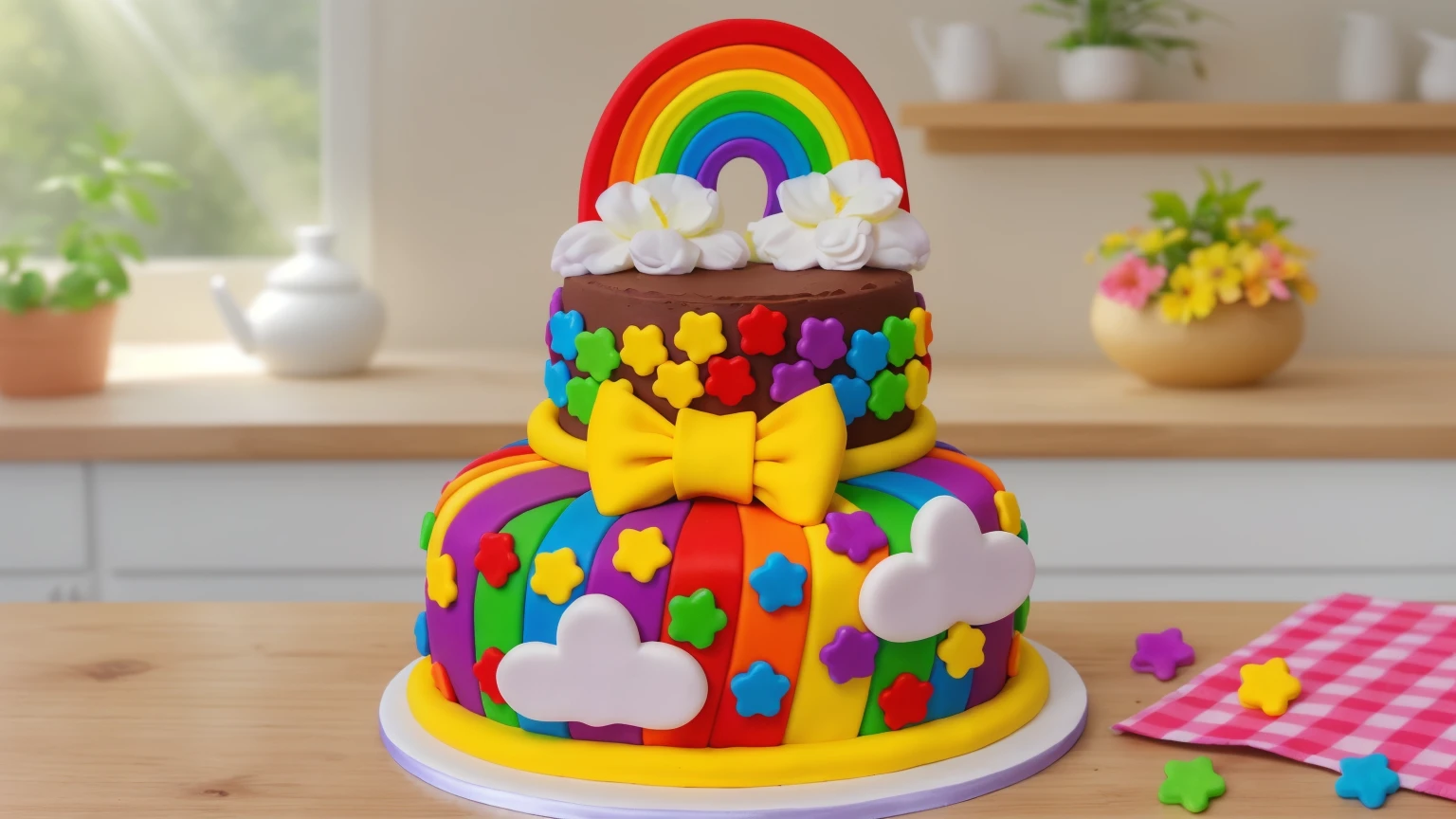 on a wooden table, two-tier cake on a white plate. chocolate cake. polymer clay cake decor, rainbow stripes, rainbow stars, white glazes made of polymer clay, Yellow bow, polymer clay rainbow, brown cream near a rainbow in the shape of clouds. на деревянном столе розовая сккатерть в клеточку на которой лежат rainbow stars из полимерной глины. against the background of the kitchen, against the background of the window, Beautiful light from the window, Beautiful sunlight, bright lighting, there is a vase with a plant on a wooden table. Realistic style, realistic texture, detailed texture, high quality, A high resolution, macro photography, ultra hd 4k, 