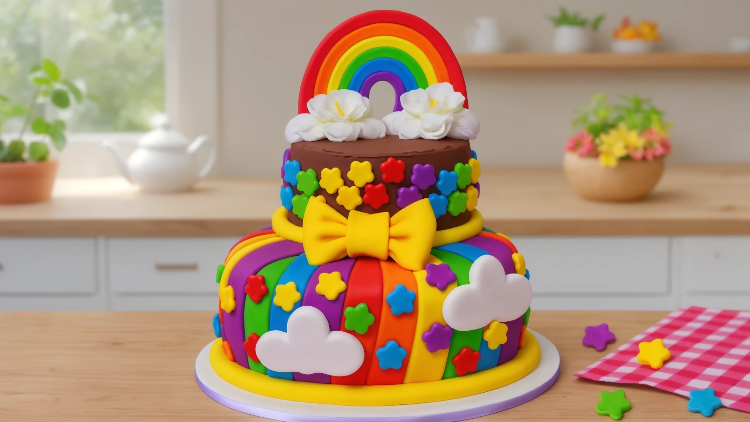 on a wooden table, two-tier cake on a white plate. chocolate cake. polymer clay cake decor, rainbow stripes, rainbow stars, white glazes made of polymer clay, Yellow bow, polymer clay rainbow, brown cream near a rainbow in the shape of clouds. на деревянном столе розовая сккатерть в клеточку на которой лежат rainbow stars из полимерной глины. against the background of the kitchen, against the background of the window, Beautiful light from the window, Beautiful sunlight, bright lighting, there is a vase with a plant on a wooden table. Realistic style, realistic texture, detailed texture, high quality, A high resolution, macro photography, ultra hd 4k,