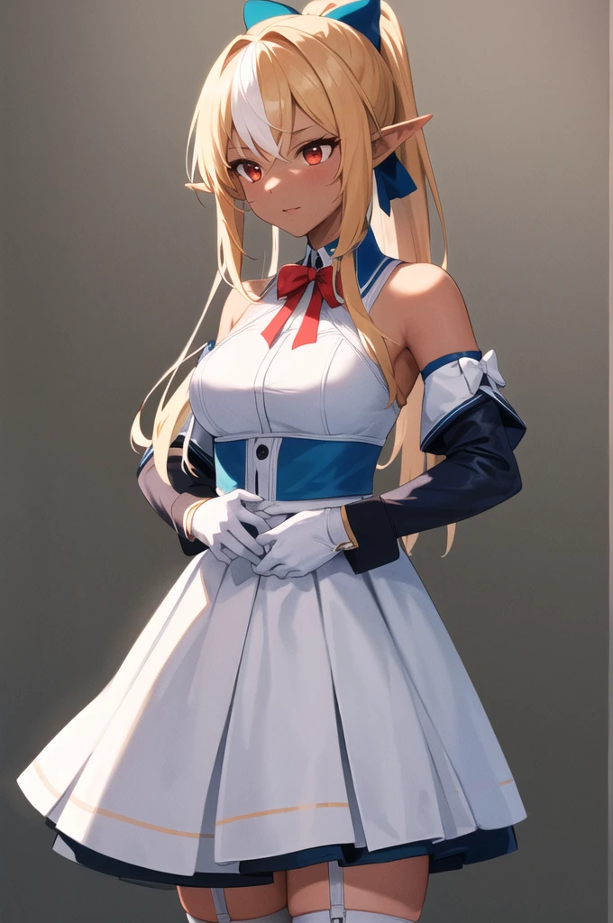 masterpiece, Highest quality, High resolution, One Girl, shiranui flare, Striped Hair, Multicolored Hair, Dark Skin, Long Hair, Blonde, hair blue bow, Pointy Ears, alone, Side Lock, White gloves, Removable sleeves, Garter Straps, White knee socks, high ponytail, White Dress, Red eyes, Red bow tie, Gray Hair, Dark Elf, Long sleeve, Expose your shoulders, ponytail, Cowboy Shot,