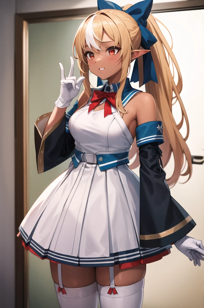 masterpiece, Highest quality, High resolution, One Girl, shiranui flare, Striped Hair, Multicolored Hair, Dark Skin, Long Hair, Blonde, hair blue bow, Pointy Ears, alone, Side Lock, White gloves, Removable sleeves, Garter Straps, White knee socks, high ponytail, White Dress, Red eyes, Red bow tie, Gray Hair, Dark Elf, Long sleeve, Expose your shoulders, ponytail, Cowboy Shot, 