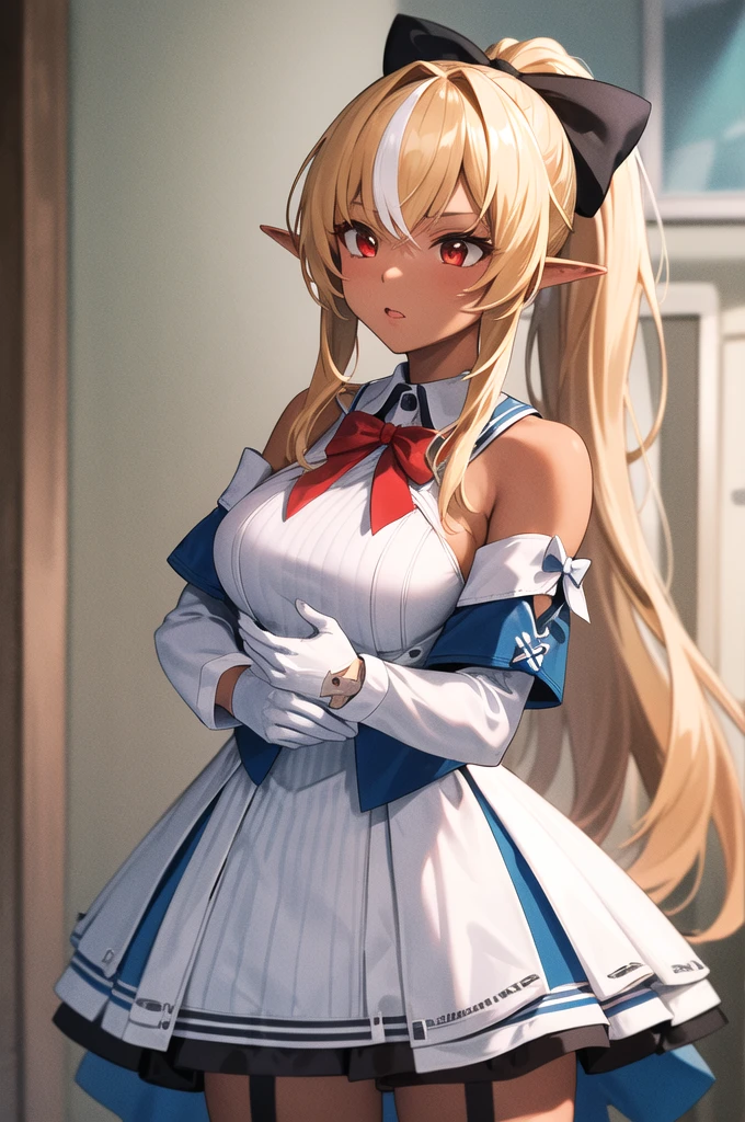 masterpiece, Highest quality, High resolution, One Girl, shiranui flare, Striped Hair, Multicolored Hair, Dark Skin, Long Hair, Blonde, hair blue bow, Pointy Ears, alone, Side Lock, White gloves, Removable sleeves, Garter Straps, White knee socks, high ponytail, White Dress, Red eyes, Red bow tie, Gray Hair, Dark Elf, Long sleeve, Expose your shoulders, ponytail, Cowboy Shot, 