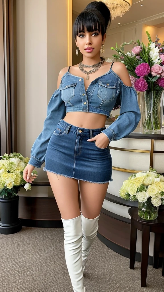 1girl in, age19, ligh skinned mixed black girl round face,solo,black hair in ponytail with bangs  Colossal tits, looking at the camera, Full body,denim pull long sleeves top covering hand fingers,necklace chain crop top,denim high waisted ripped tight mini skirt,Realistic, showing sexy thighs,A sexy light skin girl mixed girl,hotel lobby, night out, denim thigh high boots heels, holding a bouquet of flowers, walking,facing camera, hooves earrings holding a bouquet of flowers walking straight looking at the camera realistic looking girl realistic fingers realistic hands,