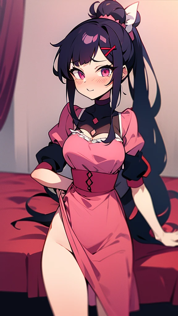 high tail hairstyle, Ponytail hairstyle, Long wavy black hair, standing posing, anime girl style, pixel art anime style,penetrating look with deep eyes,red and purple eyes, hair with a ponytail hairstyle trapped with a big red bun, Women, red hair clips, x color shaped hair clips , smiling face blush, next to his bed , lingerie, sexy maid costume, , Black hair, 