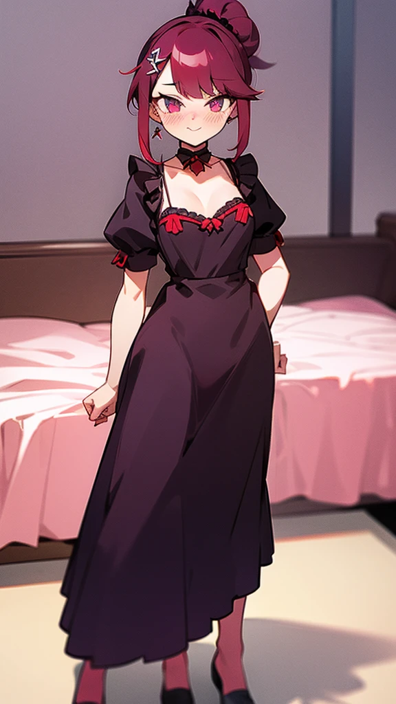 high tail hairstyle, Ponytail hairstyle, Long wavy black hair, standing posing, anime girl style, pixel art anime style,penetrating look with deep eyes,red and purple eyes, hair with a ponytail hairstyle trapped with a big red bun, Women, red hair clips, x color shaped hair clips , smiling face blush, next to his bed , lingerie, sexy maid costume, , Black hair, 