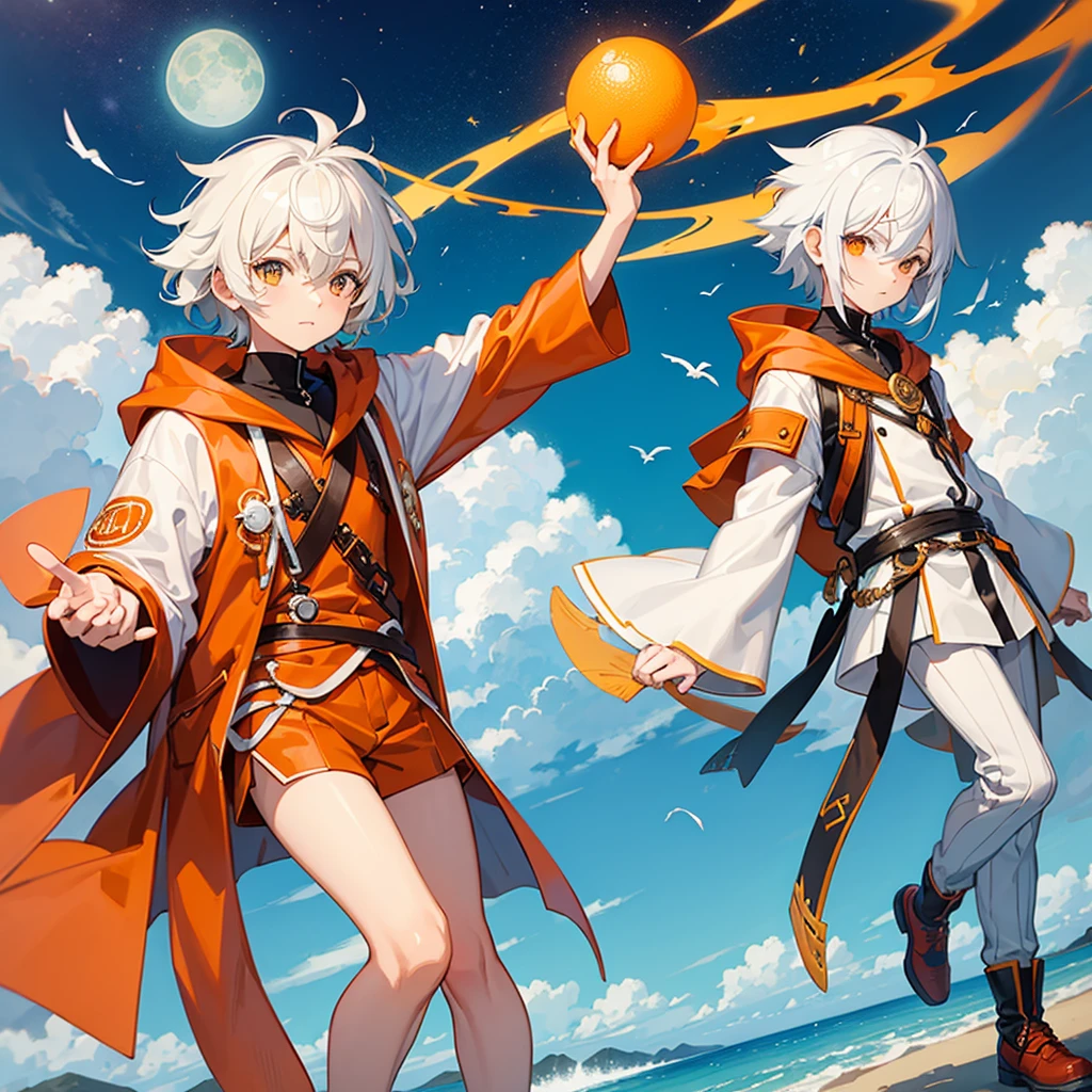 Create a boy, a 10 year old  who has fluffy white hair, an orange wizard&#39;s cloak, an orange wizard&#39;s hat, a white tie and a very cute happy face and a very cute beautiful smile.