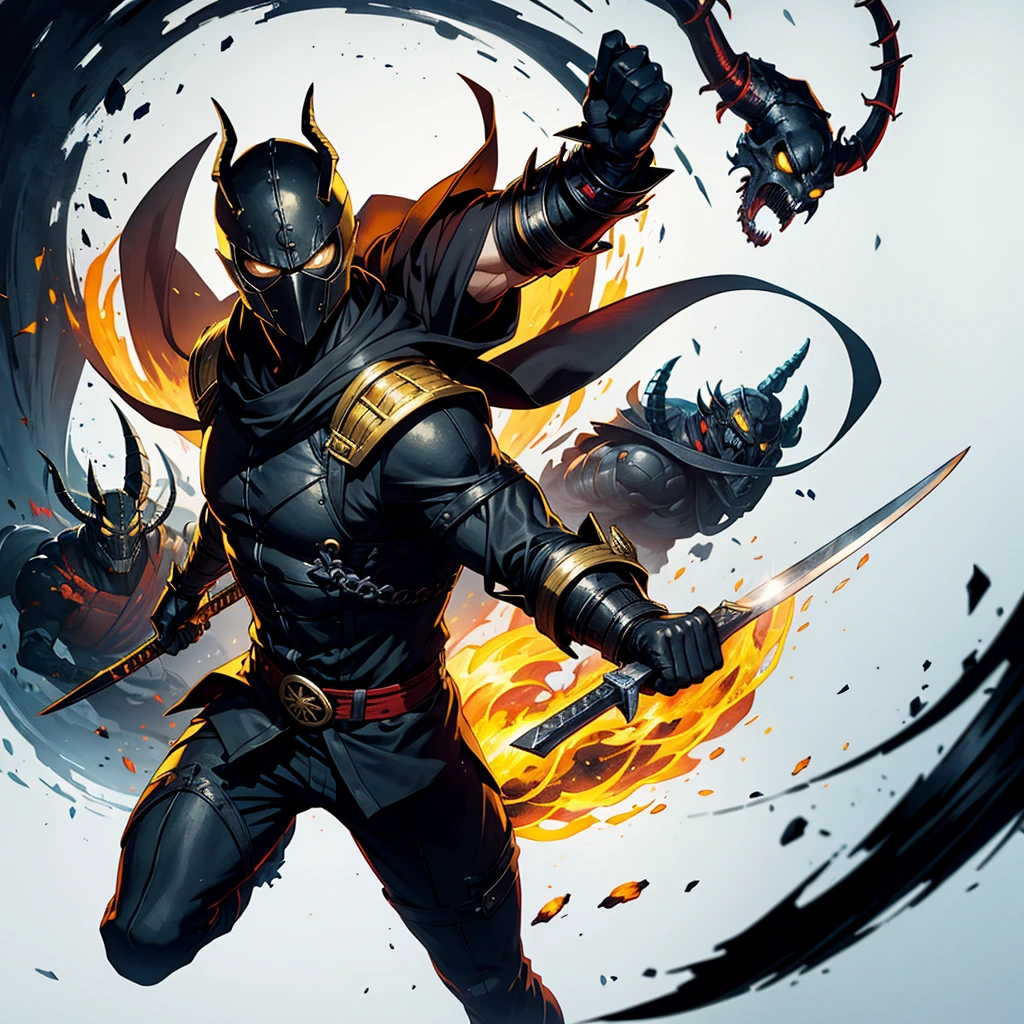 Scorpion from Mortal Kombat, a ninja in yellow robes, wears samurai armor, carries a sword, has hellfire powers, his ninja mask resembles a skull, dark fantasy, illustration by Frank Frazetta