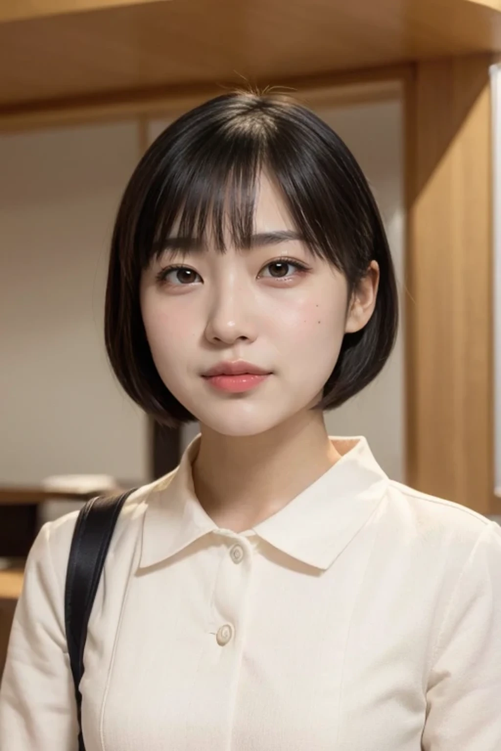 Nurse, (photorealistic:1.2), ung female, (beautiful face:1.2), (no makeup face:1.3), break, indoor, classroom, (dynamic angle:1.1), break, photo of young Japanese female, (14 yd:1.4), detailed pores and skin lines, break, happy, very fine eyes, break, (small breasts:0.5), black eyes, black hair, (short cut hair:1.2), break, (eyes and faces with detailed:1.0), break, (masterpiece, best quality, ultra detailed, detailed face, 8k), (rim light:1.2)